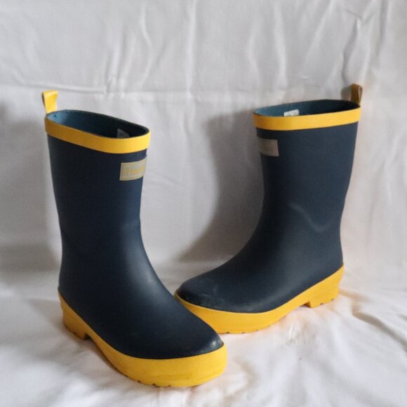 Hatley Kids Classic Slip On Sz 1 Navy Yellow Outdoor Matte Rubber Rain Boots - Picture 1 of 11